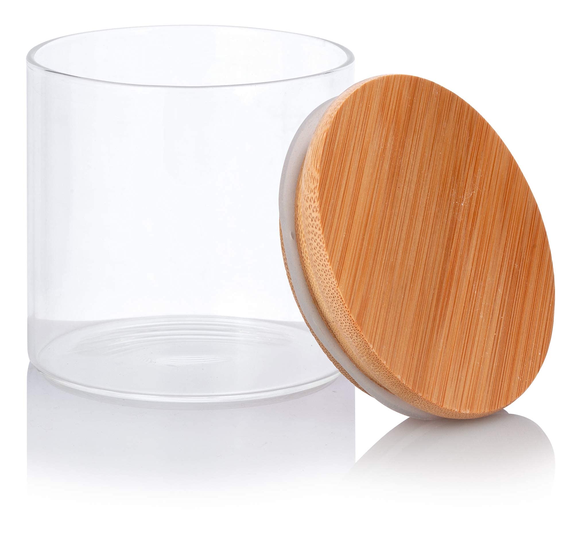 JUVITUS Paquete de 4 tarros de borosilicato de vidrio transparente de 10 onzas con tapa sellada de silicona de bambú