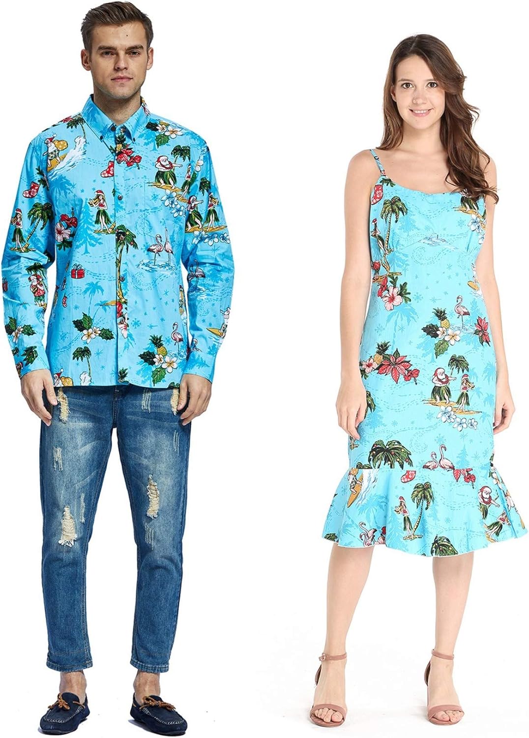 Couple Matching Hawaiian Luau Cruise Party Outfit Shirt Dress in Hibiscus Red 