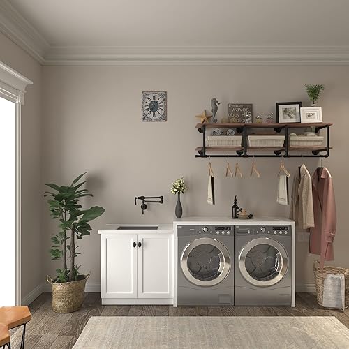 Vista 29 de Perchero industrial de tubería con estante superior, estante de ropa montado en la pared que ahorra espacio de 2 niveles, estante con barra