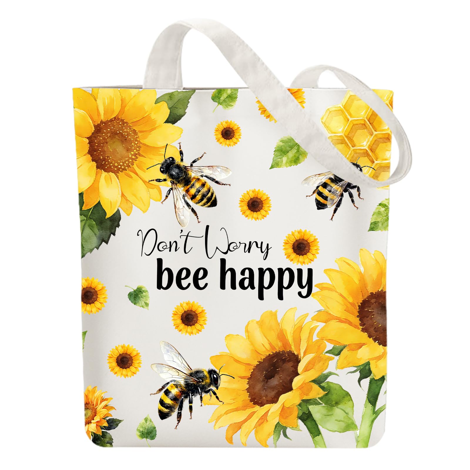 ANATTASOUL Canvas Tote Bag sunflowers and Beehives Reusable Cotton Bag for Women, 15.74"x14.96" Durable and Foldable Cloth Shoulder Bags with Zip Pockets for Shopping, Vacation, Work, Gym, Gifts