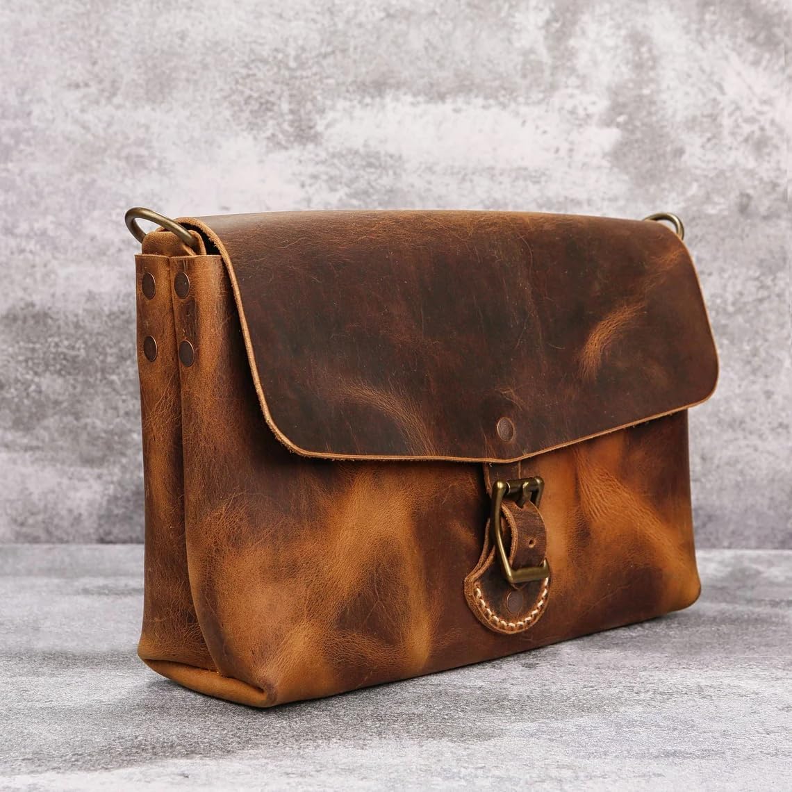 Rustic Genuine leather mens stachel bag, small minimal designer messenger shoulder iPad bag with adjustable strap V03-LBKSB