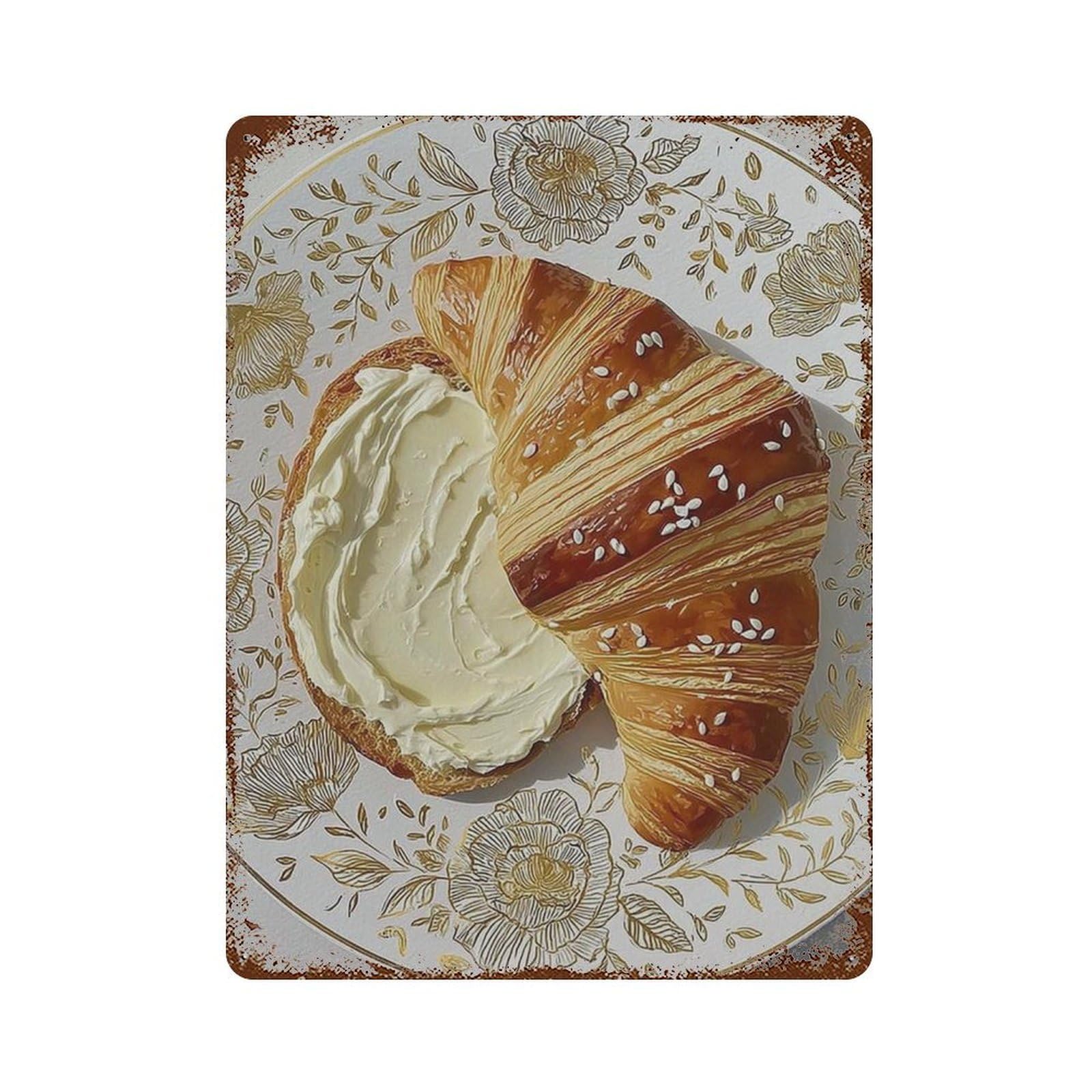 xiaoxiaoshen Croissant Kitchen Bakery Food French Pastry Rustic Cafe Breakfast Dining Room Wall Decor Art Metal Tin Poster Modern Home Decor Art Home Bar Shop Decorations Vintage Sign 40x30cm