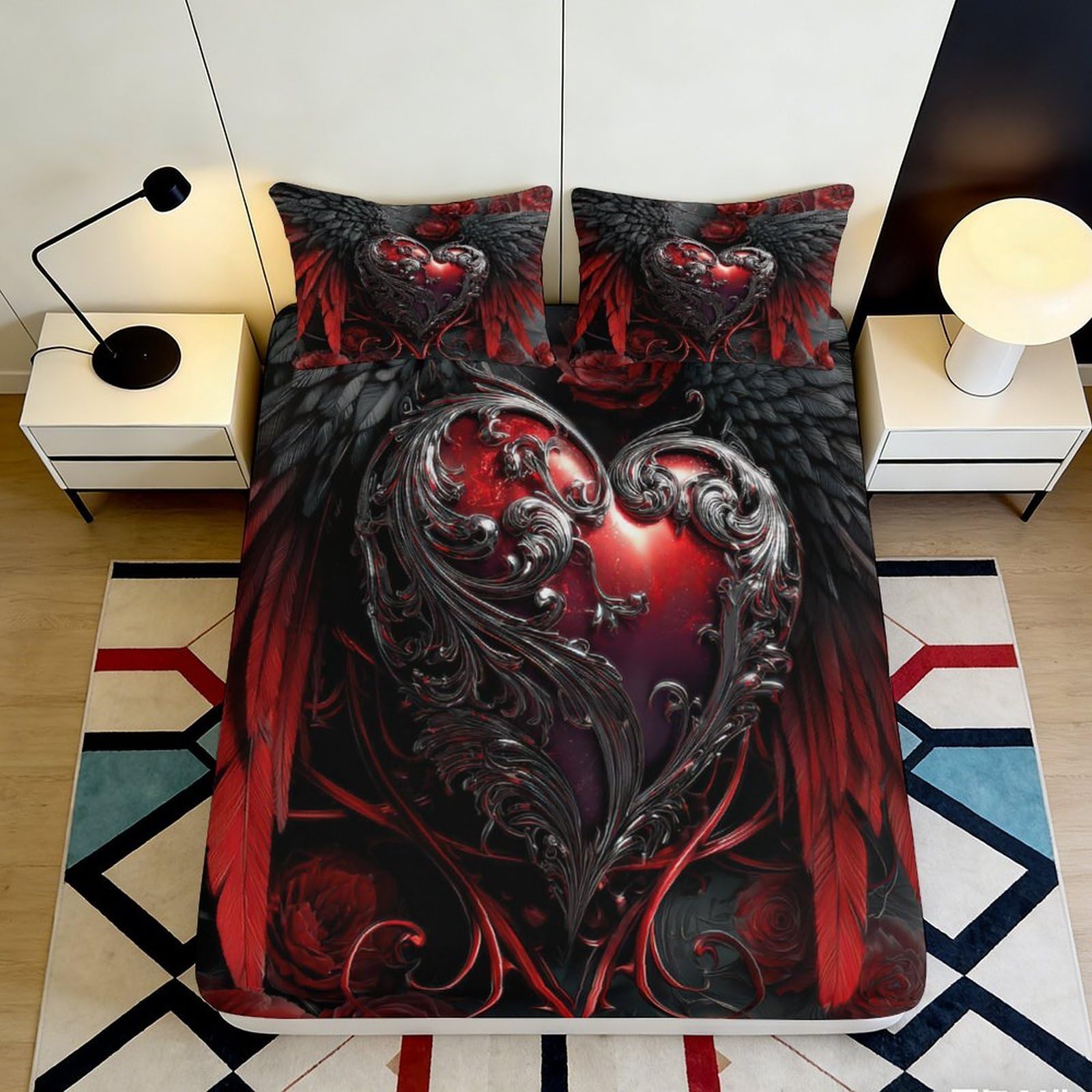3D Printed Dark Gothic Heart Fitted Sheet Microfiber Soft Black Red Artistic Skull Bed Cover for Bedroom Dorm Decor 90x200x25cm