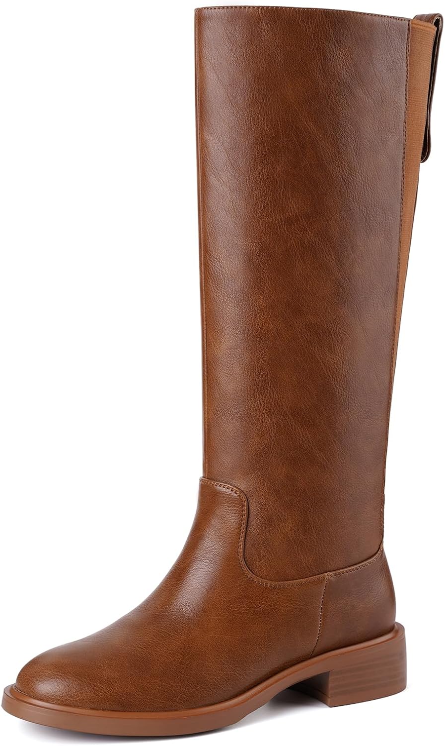 Brown Knee High Boots Round Toe Chunky Low Heel Pull On Riding Long Boot Comfortable Tall Campus Boots for Women