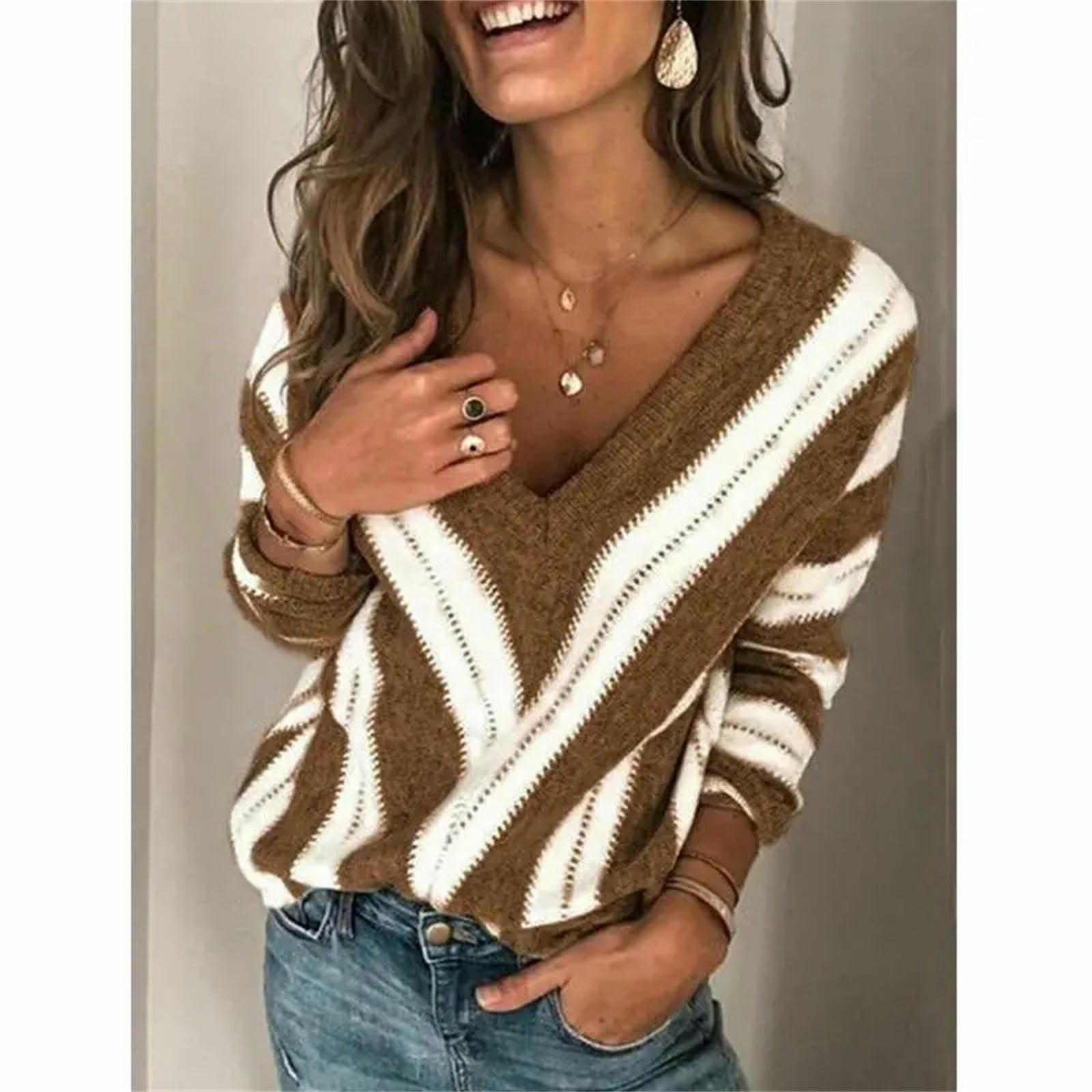 Sweter w paski patchworkowy sweter z dzianiny sweter z dekoltem w serek damski luźny codzienny ciepły sweter-szary-Xl