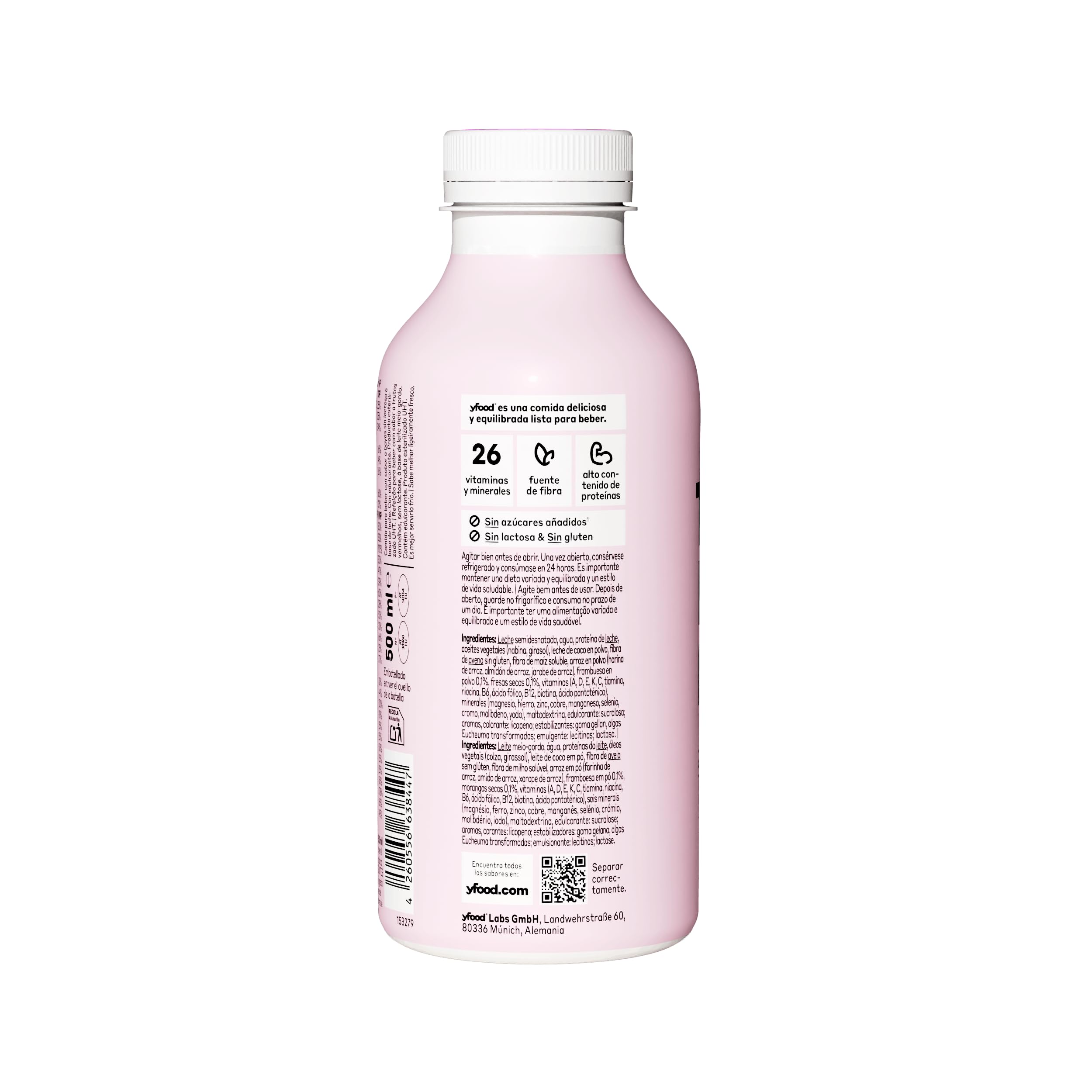 yfood Fresh Berry - Batido Sustitutivo de Comida, Bebida Proteica Lista para Beber, 30 g de Proteína, 26 Vitaminas y Minerales, Sin Lactosa y Sin Gluten, 500ml