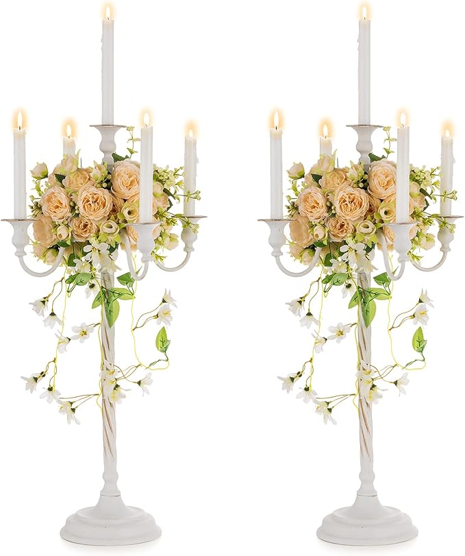 Nuptio Floor Candelabra White Candle Holder 28 Inch Candlestick Holder 5 Arm