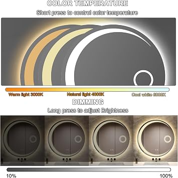 LED Bathroom Mirror, Round Wall Mounted Vanity Mirror with Touch Sensor/Anti-Fog/Dimmable & 3 Colors Round-C 70cm