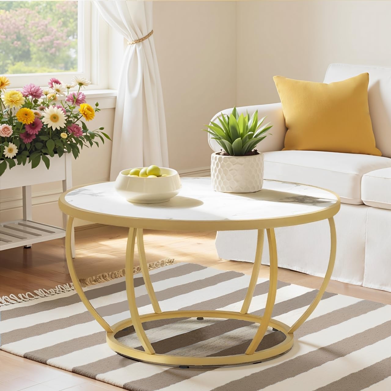 Barberpub Tavolino rotondo in legno, moderno tavolino in metallo, tavolino da caffè per soggiorno, salone di bellezza, tavolo da soggiorno in marmo, bianco, oro, 80 x 80 x 46,5 cm, 2185