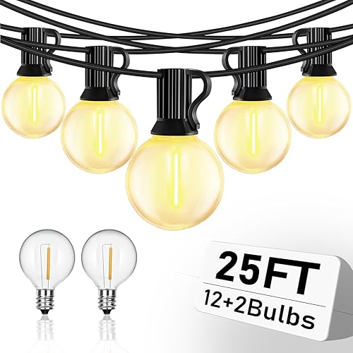 Abeja Tira de luces LED para exteriores de 25 pies, luces LED G40 para patio con 14 bombillas Edison de plástico (2 de repuesto), luces colgantes