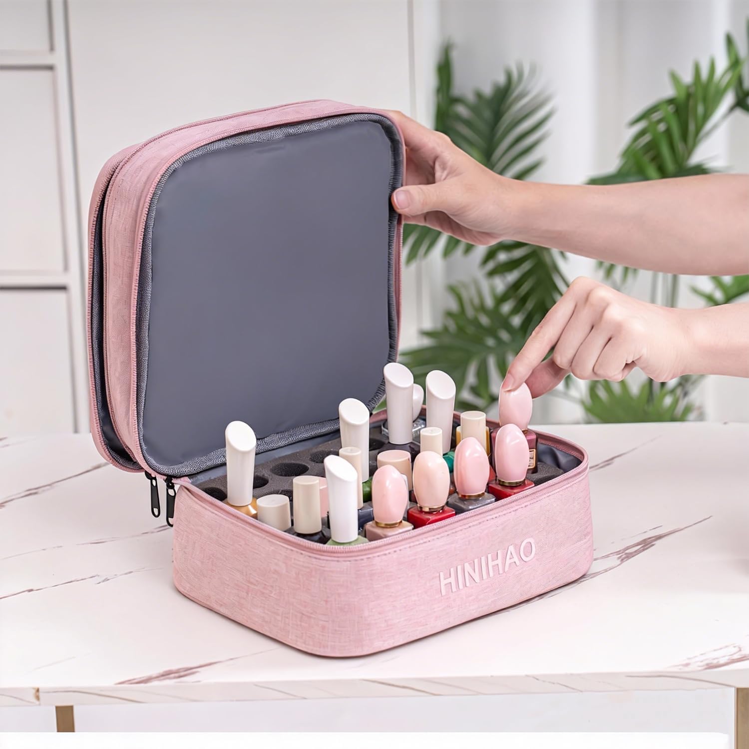 FAYYGYH Makeup Bag, Portable Cosmetic Bag, Travel Makeup Organizer With Handle and Divider, Double Layer Large Organizer Bag, Adjustable Dividers and Brush Organize area- Pink (makeup bag-small)