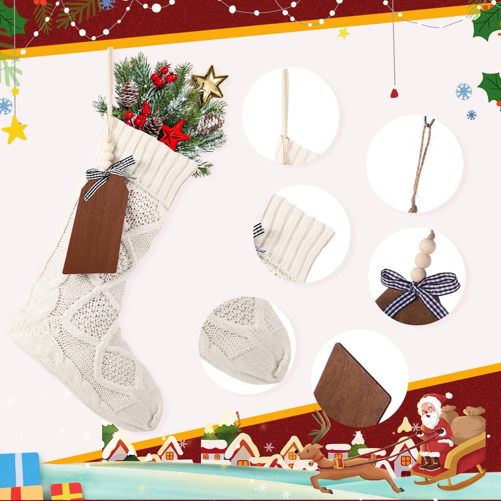 Lot de 8 grandes chaussettes de Noël avec étiquettes nominatives en bois à faire soi-même, 45,7 cm, avec étiquettes de Noël pour décorations de fête de Noël (blanc)