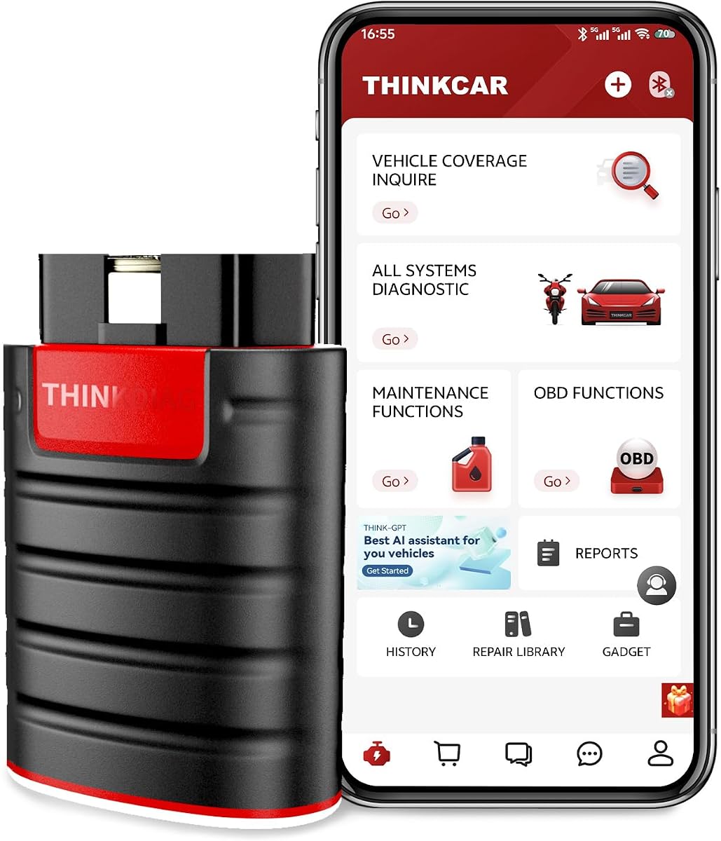 Herramienta de diagnóstico bidireccional con función ECU Bluetooth escáner OBD2 Thinkdiag | Escáner automotriz de sistema completo Thinkcar, lector de códigos de automóvil de nivel OE para reinicios de iOS y Android 15+, FCA AutoAuth, prueba activa