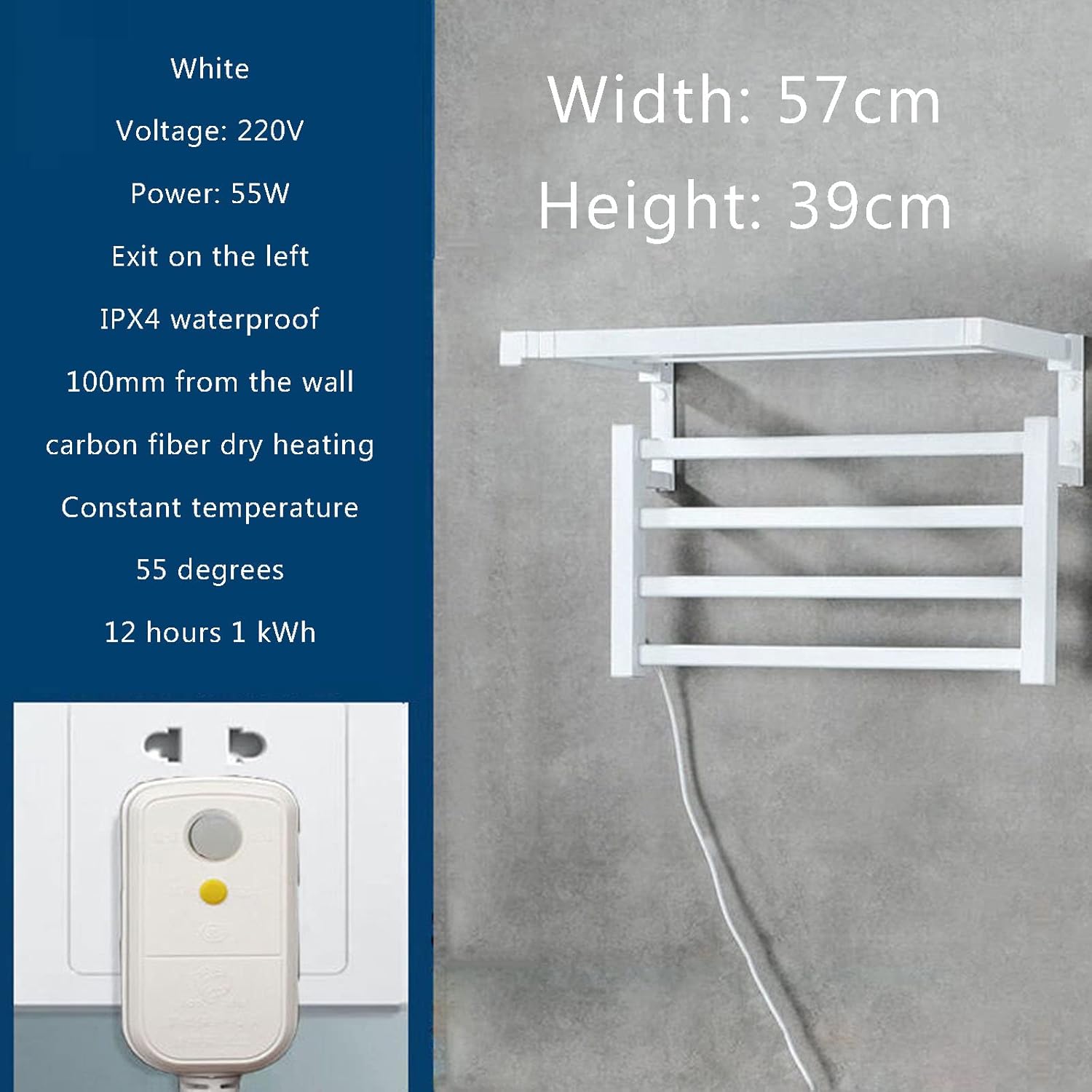 Heated Towel Rack,Thermostatic Heater Drying for Towel Bathroom Towel Rack with Shelf Electric 55w Collapsible Heated Towel Rack 585mm*350mm*300mm,White