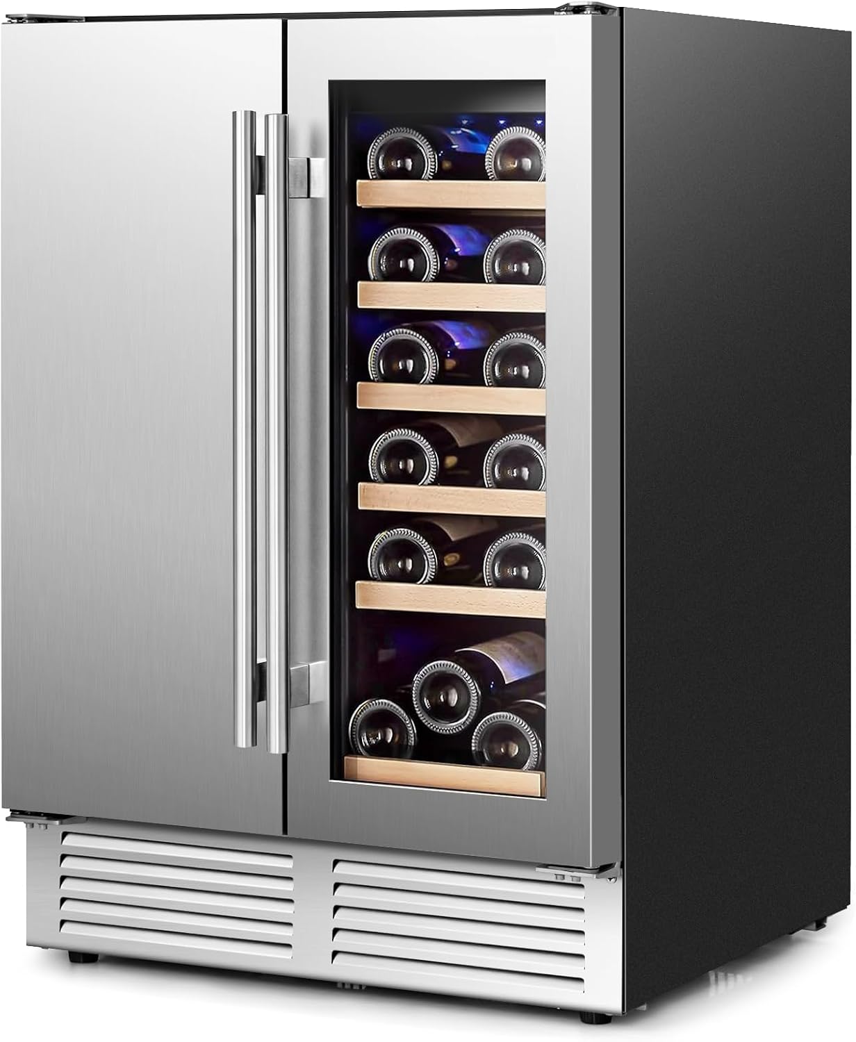 KOTEK Wine and Beverage Refrigerator, 24” Wine Beer Cooler with Adjustable Shelves, Hold 18 Bottles & 57 Cans, LED Light, Under Counter or Freestanding Dual Zone Wine Beverage Fridge