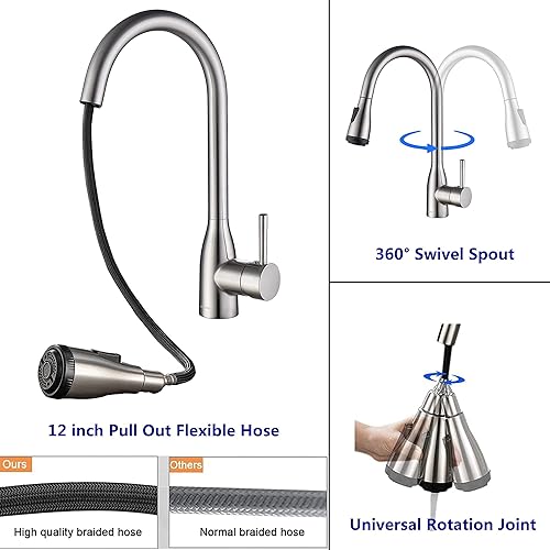 Miniatura 5 de Grifos de cocina con rociador extraíble, grifos de fregadero de cocina de latón macizo, giro de 360 grados, manguera flexible de 12 pulgadas, grifo