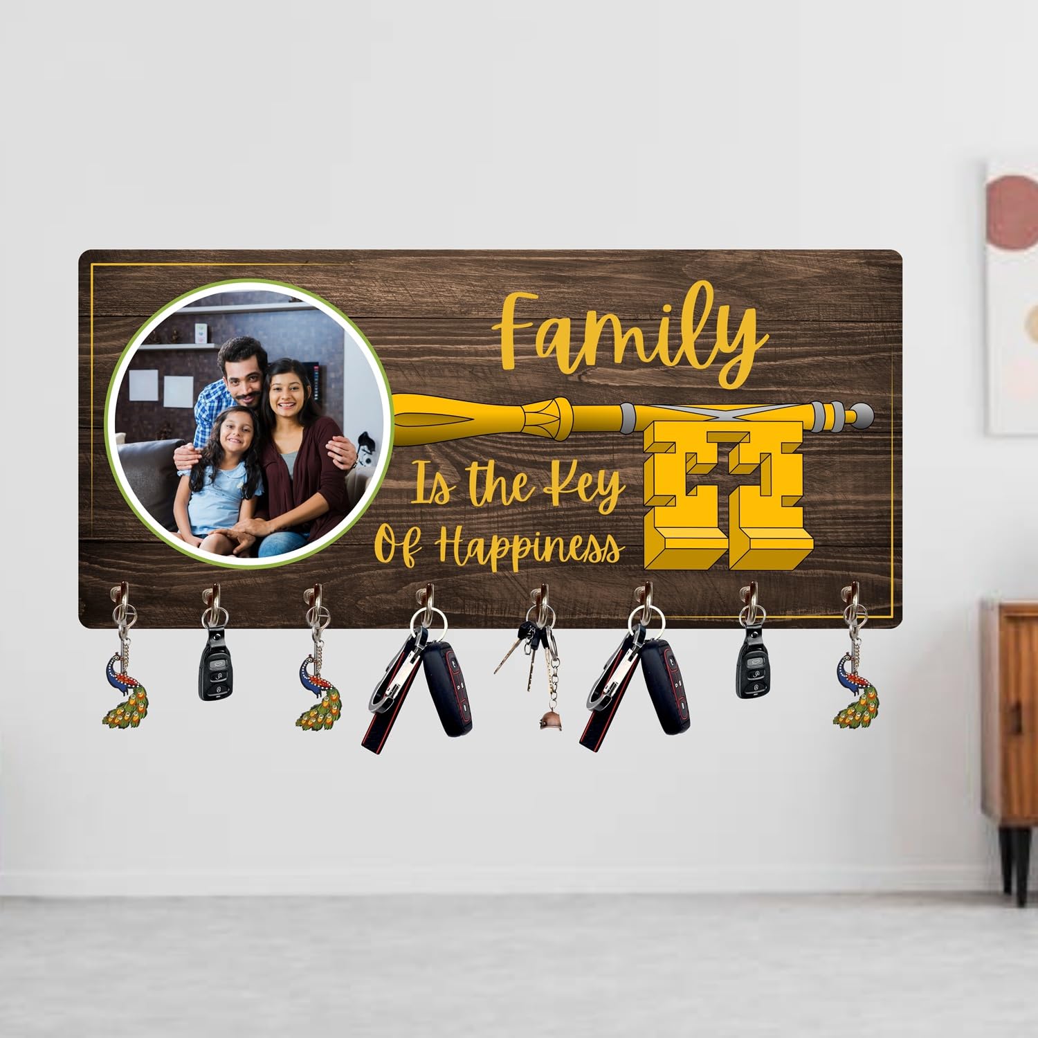 Webelkart Premium Customised Wooden Key Holder Wall Decoration Item for Home Decor Personalised Key Hanger I Key Stand I Gift Item (Size 12 x 6 inch) I 8 Hooks