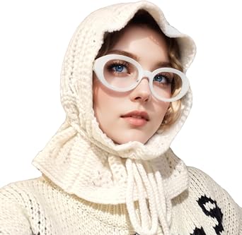 ACUSHLA 100% Merino Wool Fashion Balaclava for Women Soft Warm Light Hooded Scarf Knitted Hat and Scarf in One
