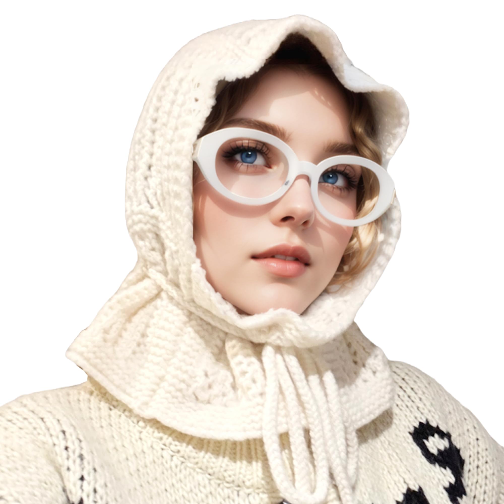 ACUSHLA 100% Merino Wool Fashion Balaclava for Women Soft Warm Light Hooded Scarf Knitted Hat and Scarf in One, Creamy White, One Size
