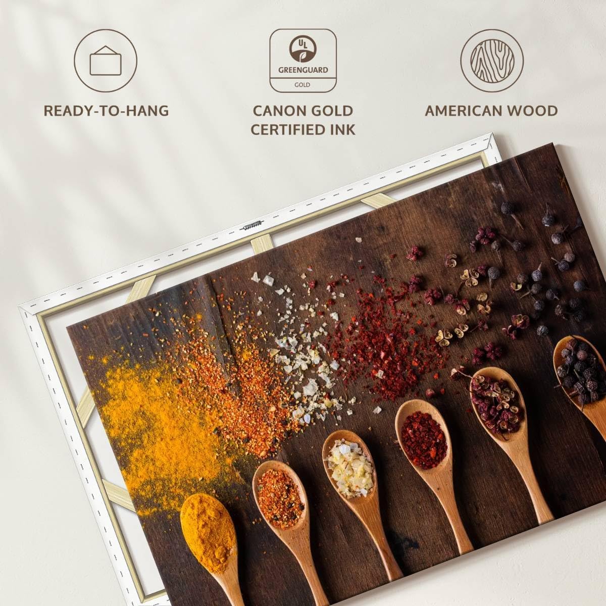 ElephantStock Spoons With Spices Wall Art - Horizontal Wrapped Canvas - 1-Piece Cafe & Restaurant Wall Decor - Photographic Canvas Print - Brown and Beige Decor for Wall - 36" X 24"