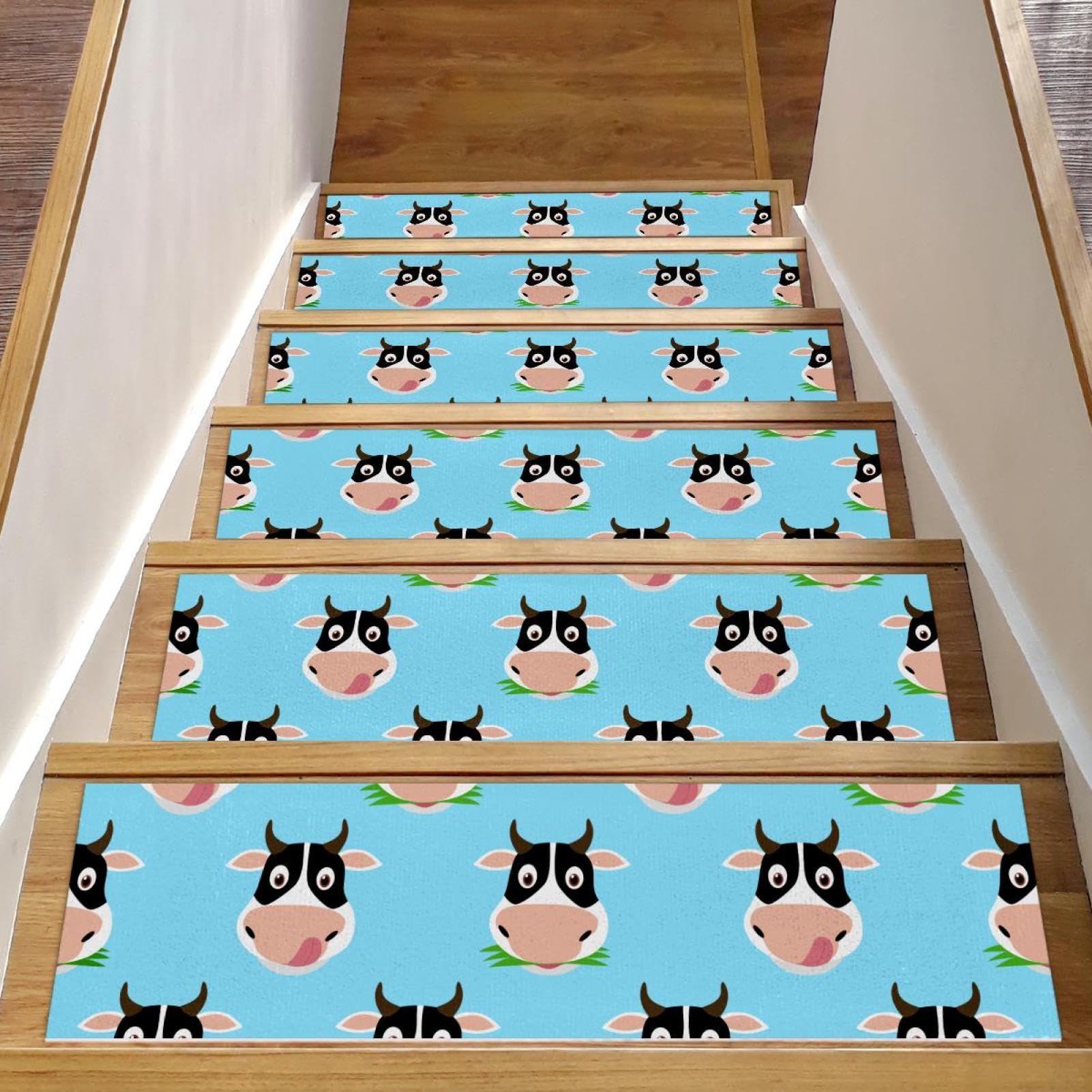 Tapis d'escalier antidérapants contre les glissades sur bois motif vache 15 pièces
