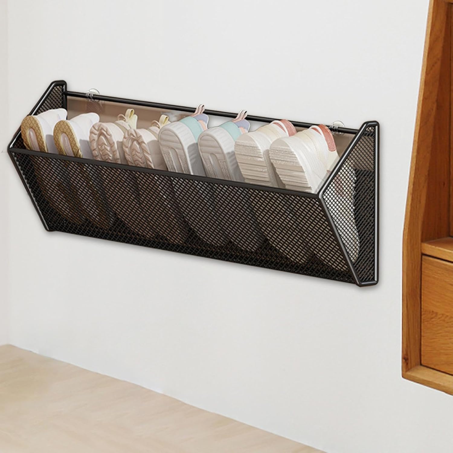Wall Mounted Shoe Rack Storage Space Saving Display Shelf Sturdy Shoe Organizer Shelf for Narrow Door Toys Clothing Closet- Black L
