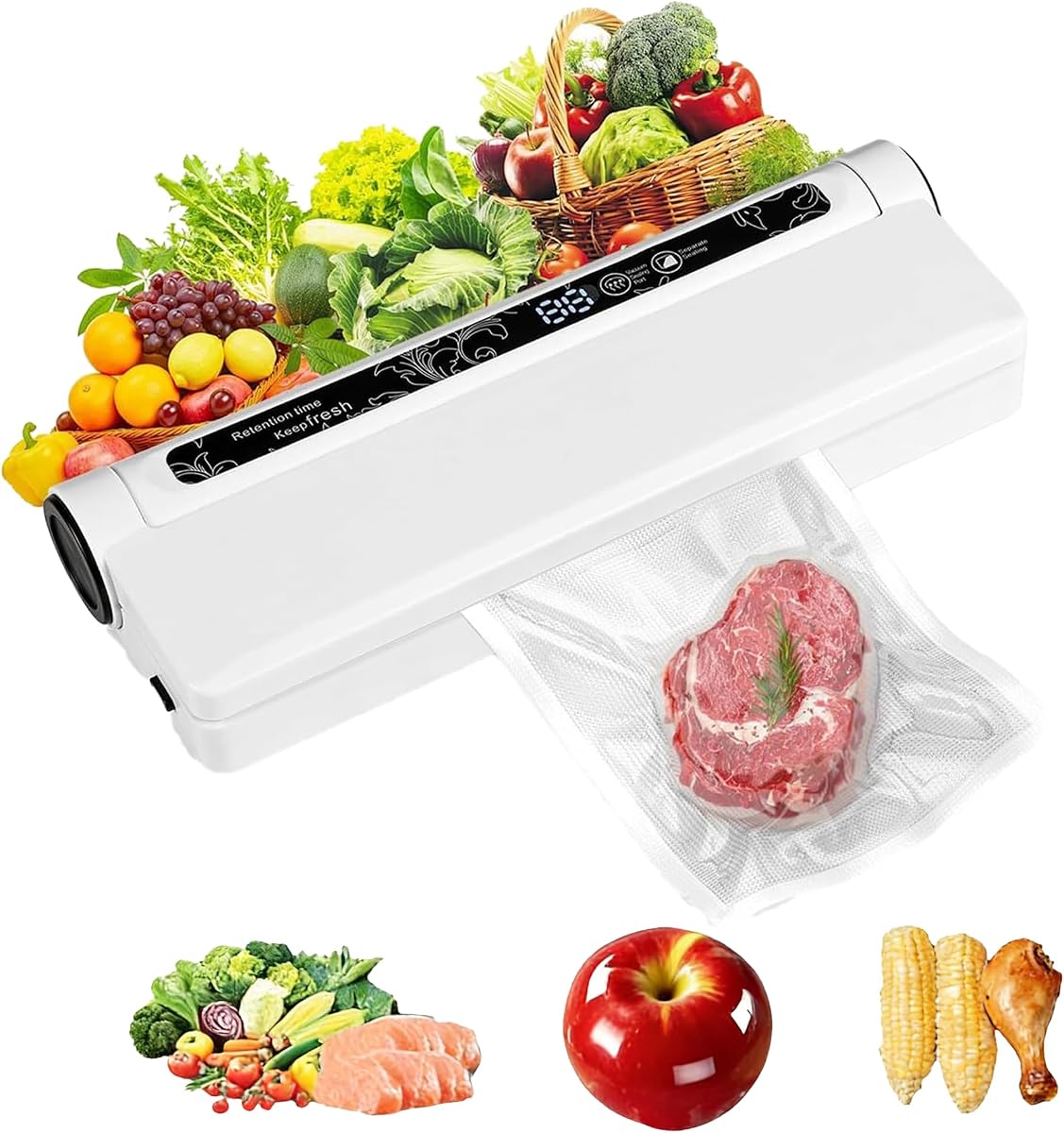 Food Saver Vacuum Sealer Machine, 75KPA Strong Suction for Dry/Wet Foods, Digital Countdown Timer, Compact Design with LED Lights, Includes 20 Vacuum Seal Bags, Ideal for Home Kitchen Use