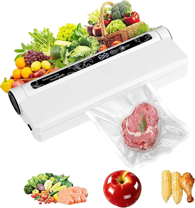 Food Saver Vacuum Sealer Machine, 75KPA Strong Suction for Dry/Wet Foods, Digital Countdown Timer, Compact Design with LED Lights, Includes 20 Vacuum Seal Bags, Ideal for Home Kitchen Use
