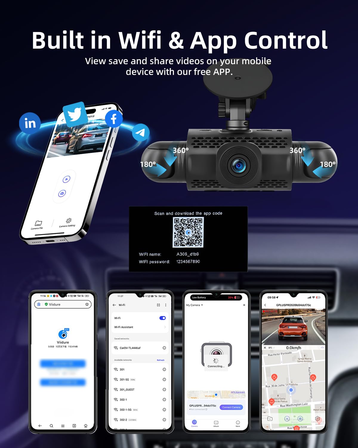 NHOPEEW Dashcam a 4 canali con visione a 360° - Dashcam da 3 pollici 1080P per auto con 4 telecamere - Registrazione in loop Sensori G WiFi APP Visione notturna Monitoraggio parcheggio 24 ore su 24