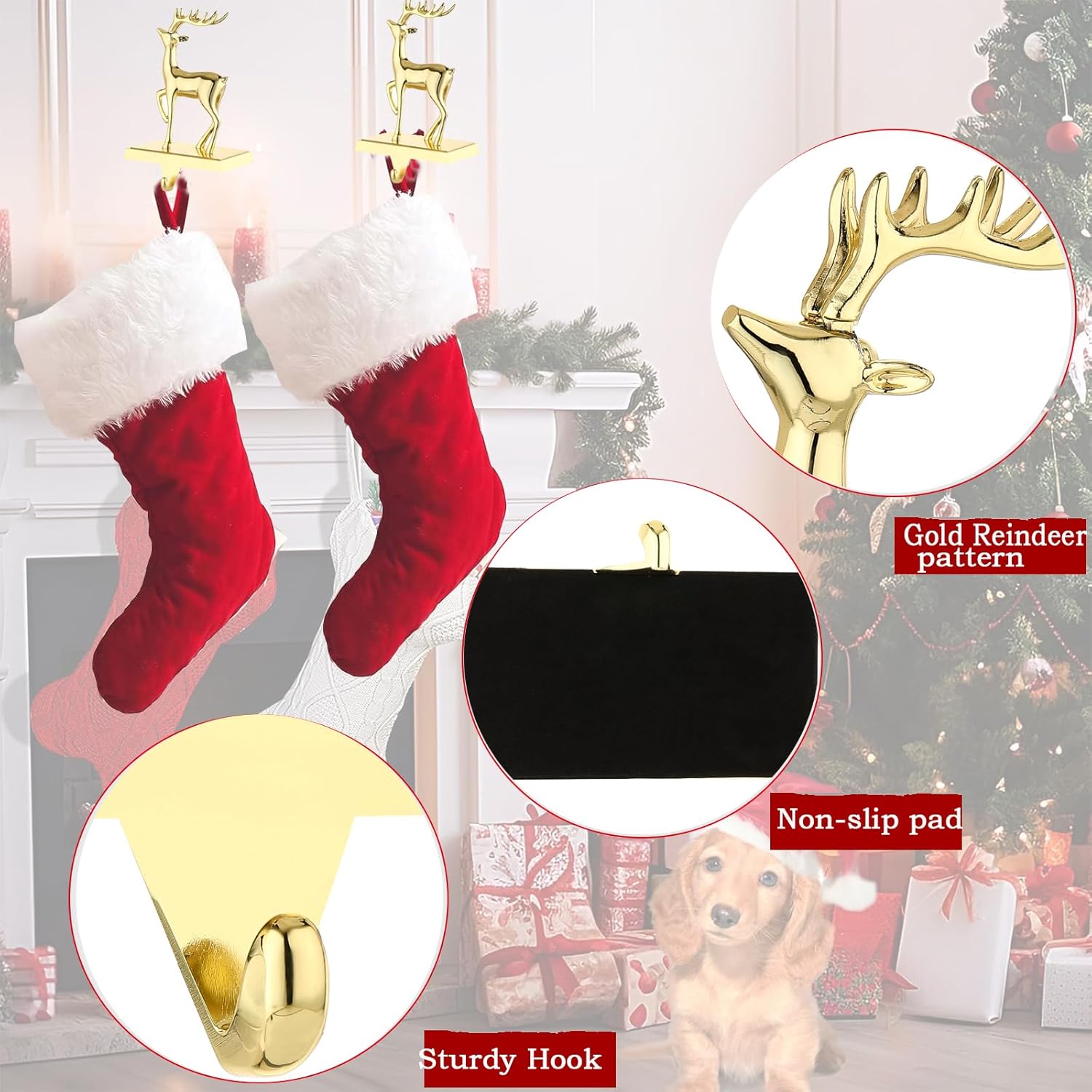 Deer Christmas Stocking Hanger for Mantel，Reindeer Christmas Stocking Holder for Fireplace Mantel Hooks Hanger for Christmas Deer Stockings Clip for Christmas Decoration (Gold Deer)