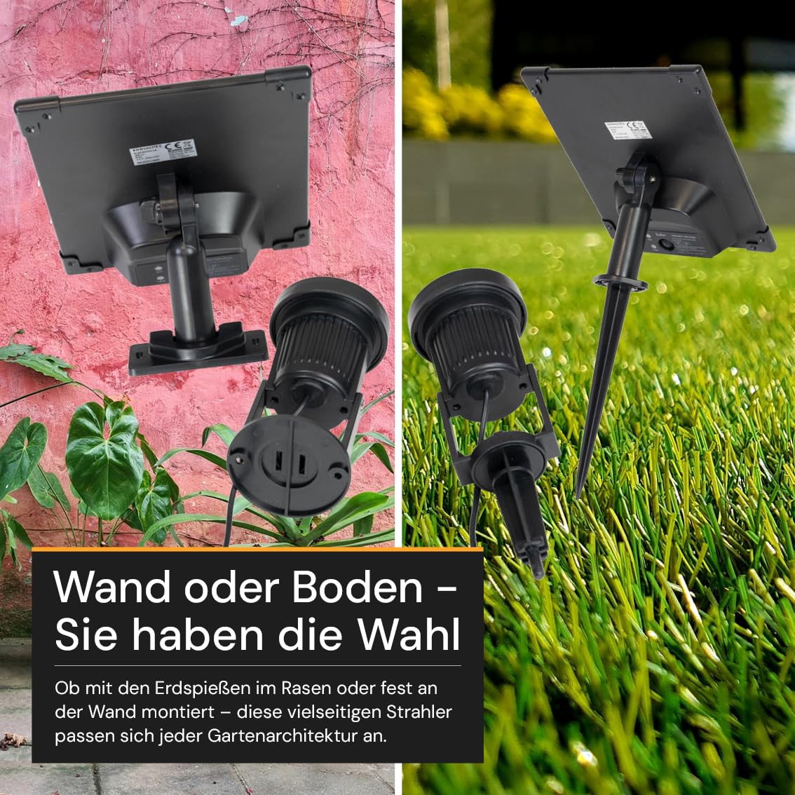 4er Pack Solarstrahler Garten Schwarz, 5W, 3000K Warmweiß | 200lm, IP54, mit Solarpanel, Erdspieß, 3m Kabel und Akku, Gartenstrahler und Solarlampe für außen
