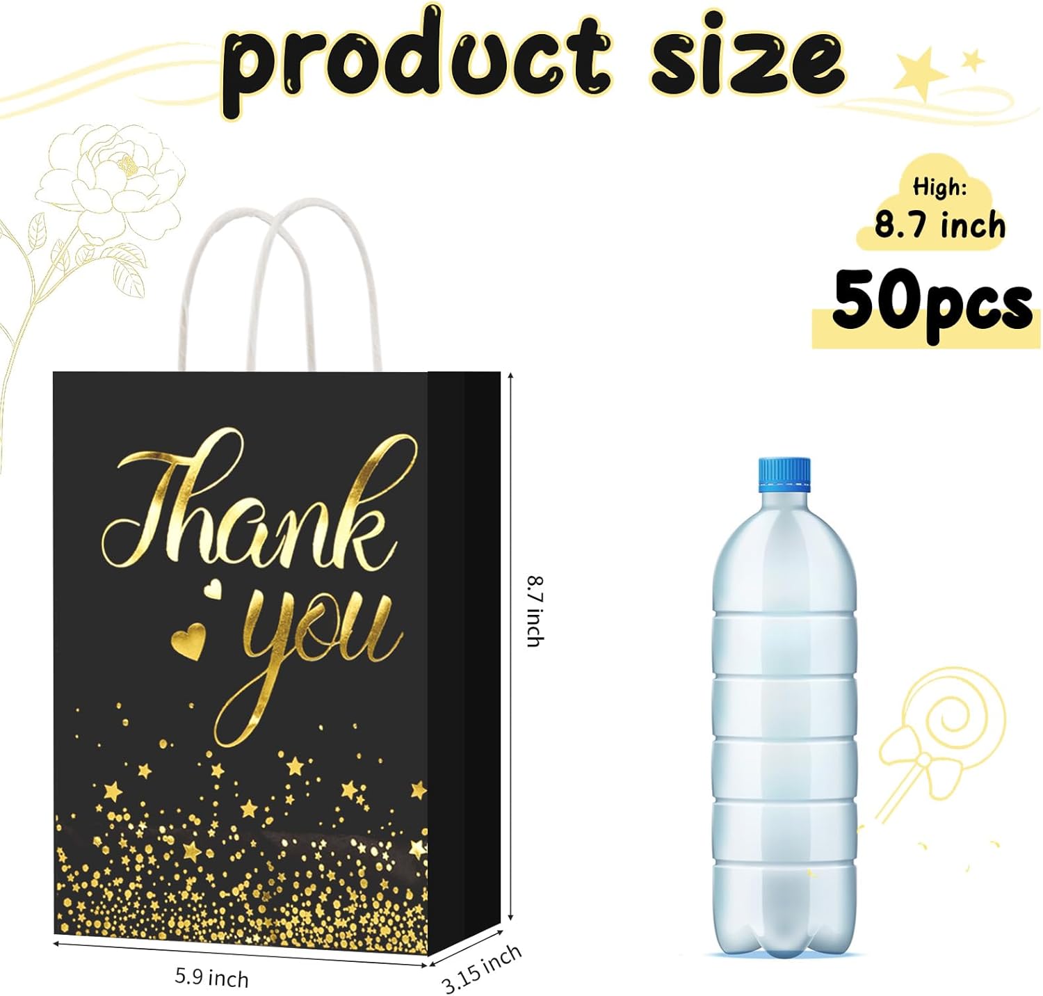 DISWALE 50 Pcs Thank You Gift Bags, Gold Thank You Wedding Bags with Handle for Graduation Business Shopping Wedding Baby Shower Party Favors(Black) - Image 2