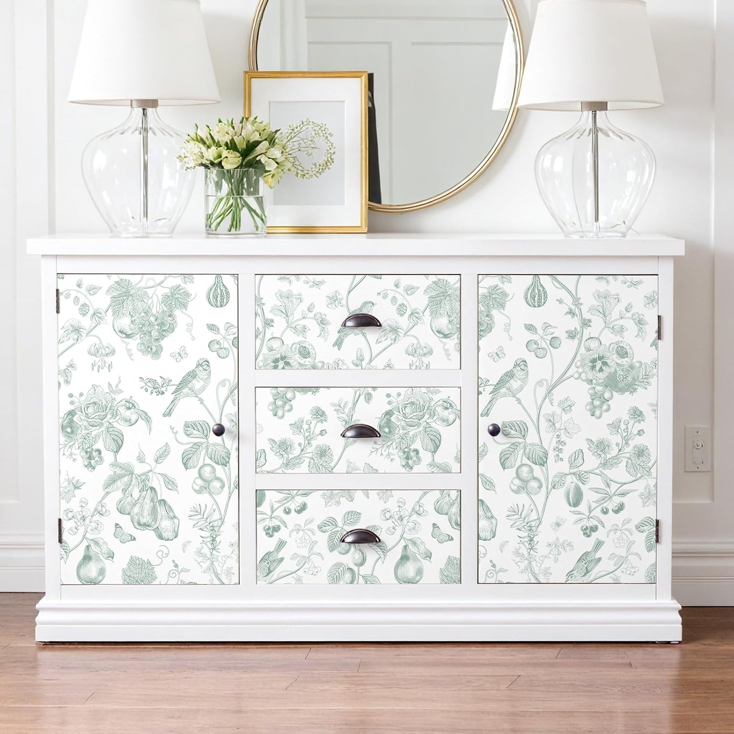 VEELIKE Sage Green Chinoiserie Bird Wallpaper with Flowers Fruits Peel and Stick Toile Wallpaper for Bedroom Powder Room 17.7''x118'' Removable Self Adhesive Contact Paper for Walls Cabinets DIY Decor