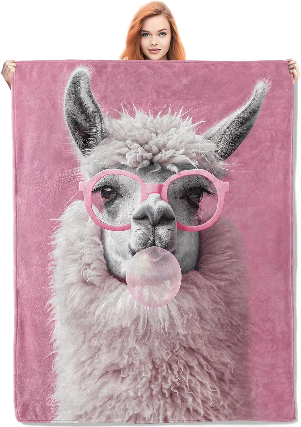 VANZEV Pink Llama with Glasses Blanket Gifts for Women, Llama Flannel Blanket, Soft Warm Lightweight Throw Blankets for Bed Couch Home Travel Llama Decor 50" x 60"
