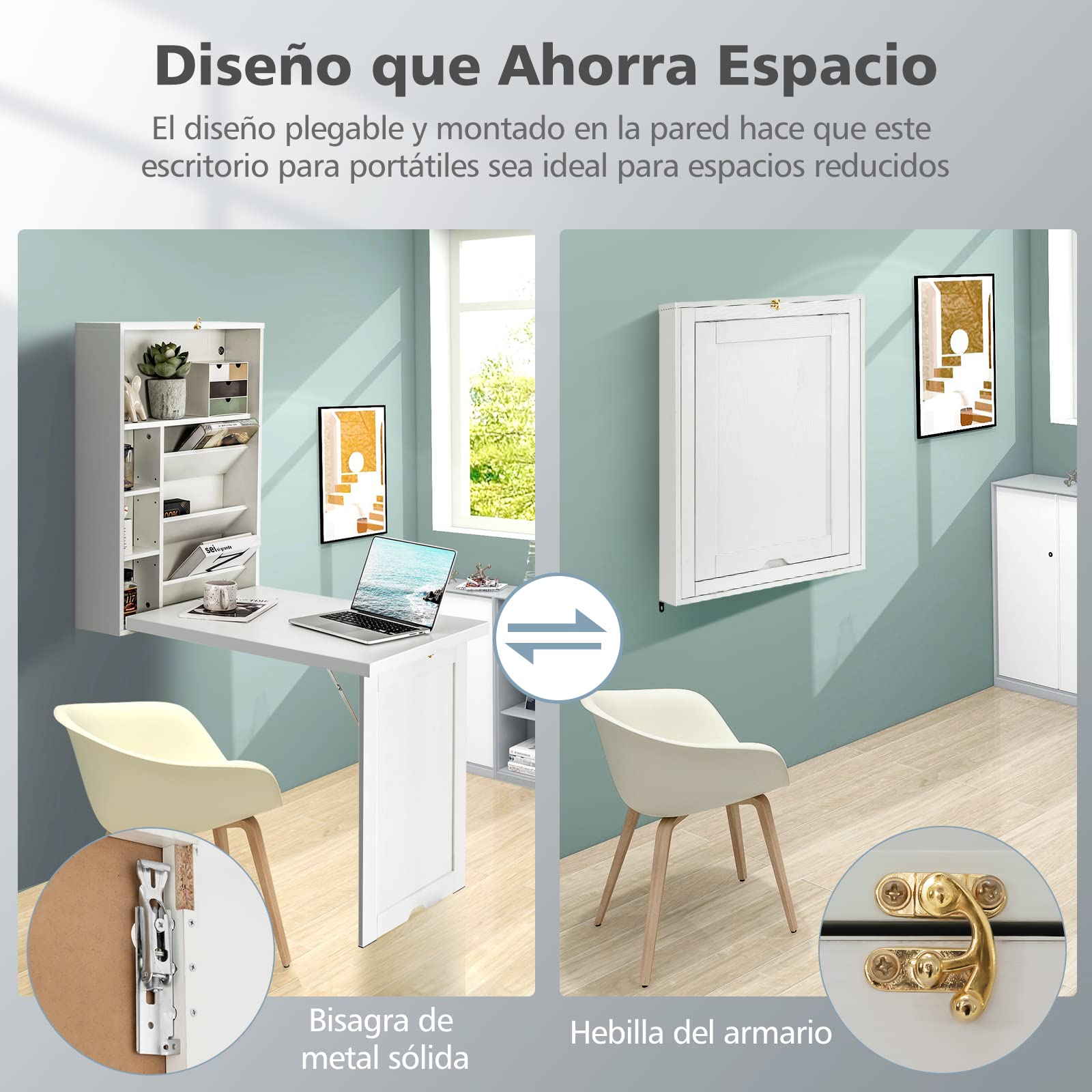 COSTWAY Escritorio Plegable de Pared, Estantes Ajustables, Mesa Plegable Pared para Ordenadores Portátiles Que Ahorra Espacio, Mesa Plegable de Comedor 60 x 94,5X 151cm