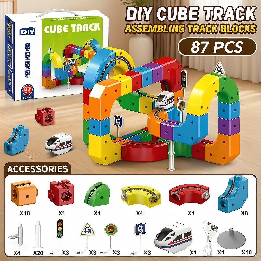 Electric Train Set for Kids, 3D Infinity Racer Snap-Fit Cube Track Toy, DIY STEM Rail Cube Monorail with 360° Anti-Gravity Racing, LED Lights, Christmas Birthday Gifts for Boys Girls 3-12 87PCS
