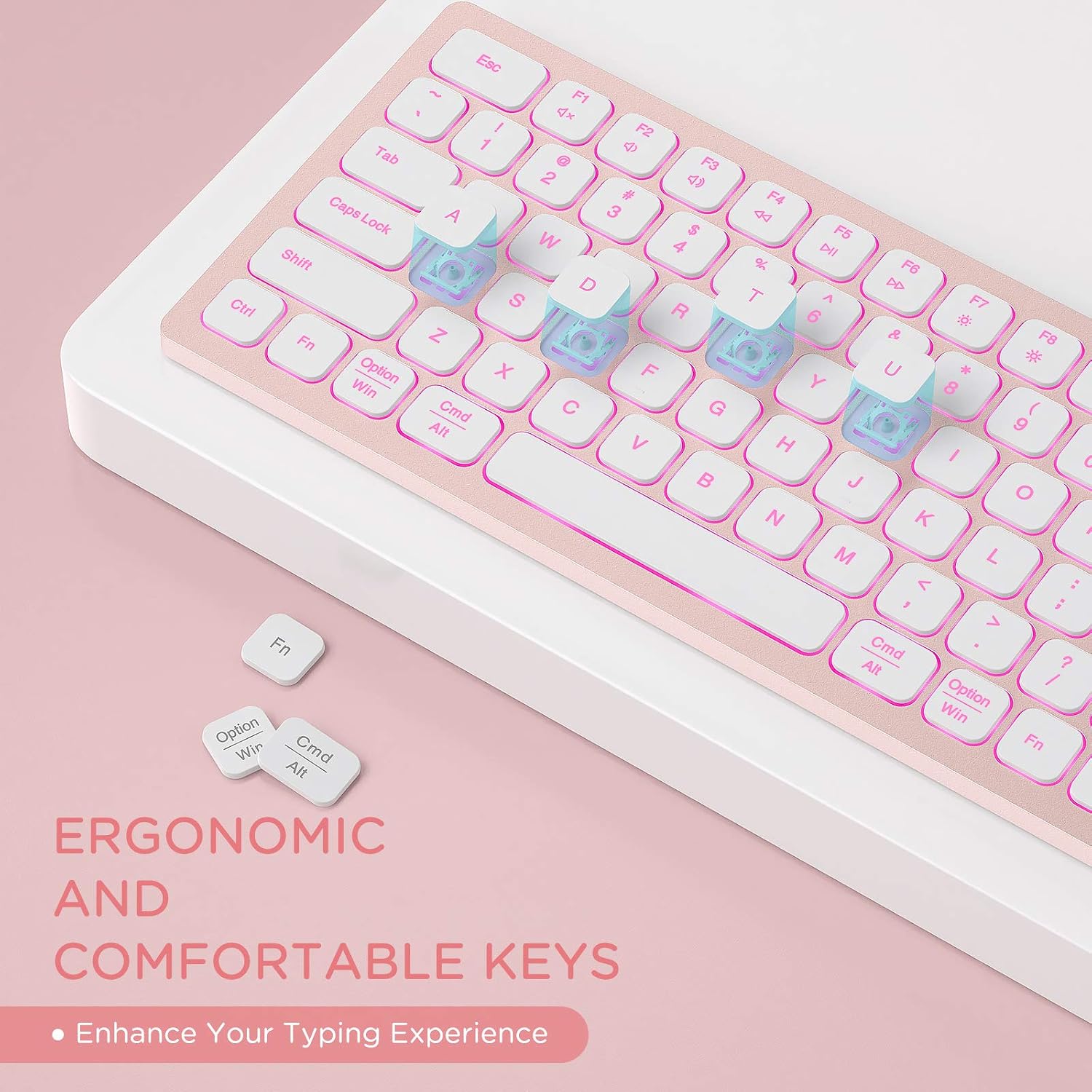 seenda Backlit Bluetooth Keyboard Compatible with Mac OS/iOS/Windows, Multi Device Ultra Slim Rechargeable Keyboard with 7-Colors Backlit for Laptop, Computer, Windows, Mac OS System, Rose Gold