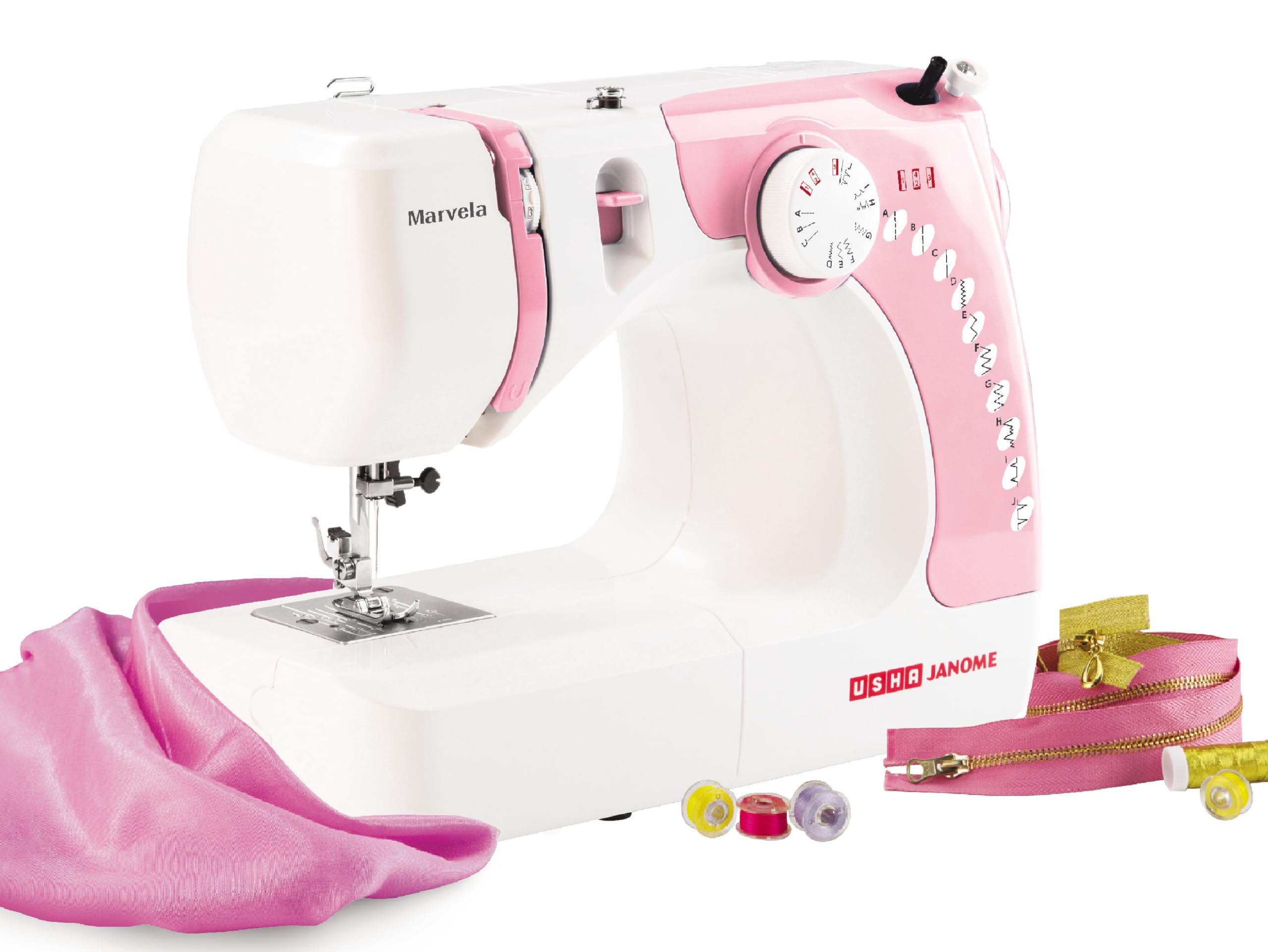 Usha Janome Marvella Automatic Zig-Zag Electric Sewing Machine ||Free Sewing Kit || 13 Built-In-Stitches || 14 stitch Function-Pink and White