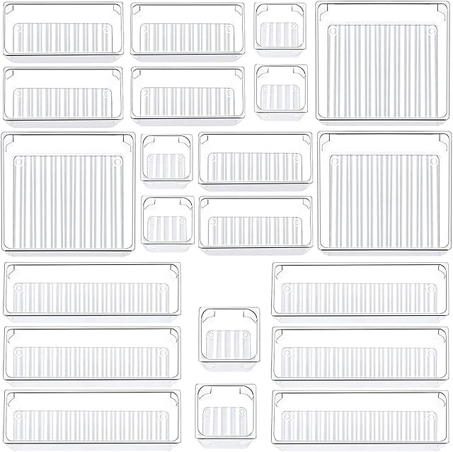 Desk Drawer Organizer Trays, Yibaodan Drawer Dividers Make Up Organizers and Storage Acrylic Clear Organization Bins Storage BoxMake-up Organiser for Kitchen Bedroom Office (21 Set)