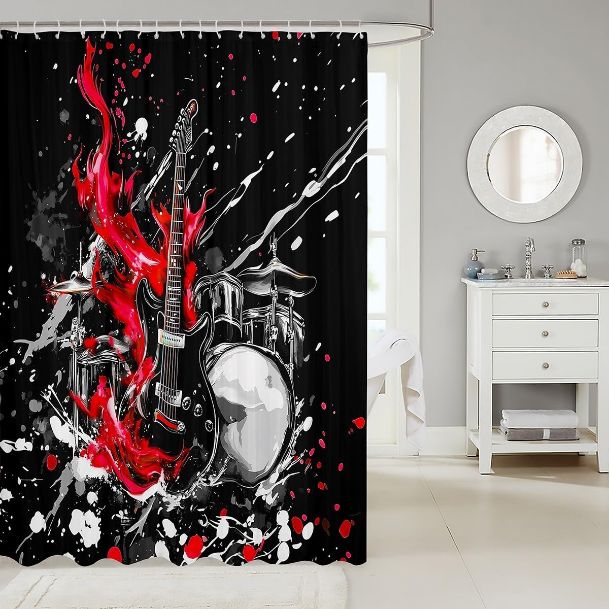 Erosebridal Red Guitar Bathroom Curtain Drum Kit Print Shower Curtain 72" Wx84 L Retro Cool Hip Pop Bathroom Accessories for Kids Adults,Roll Music Fans Shower Decor image 2