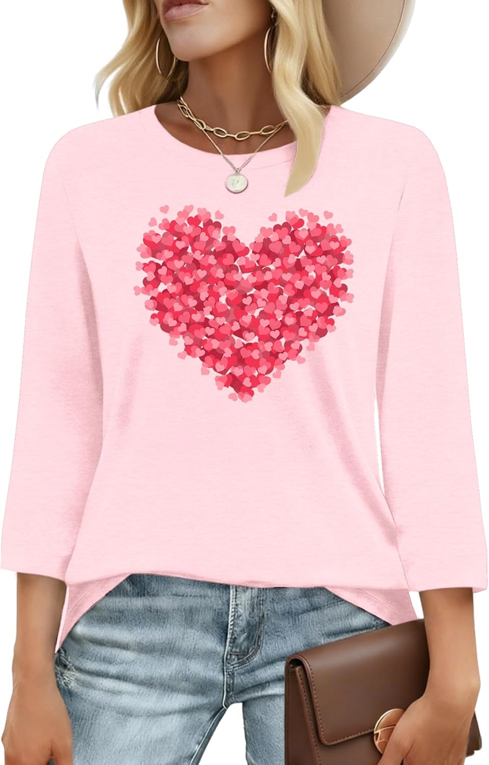 Valentines Shirts for Women: 3/4 Sleeve Heart Letter Print T-Shirt Casual Valentine Day Gift for Her