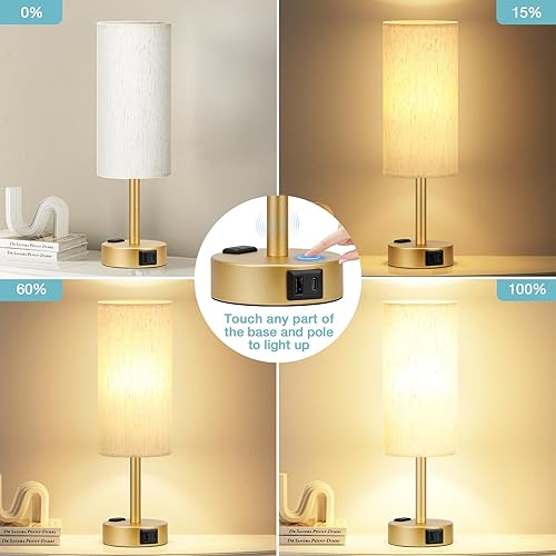 Vista 56 de Fenmzee Juego de lámparas de mesa pequeñas táctiles regulables de 2 a 3 vías, carga USB A + C, salida de CA, base de grano de madera, bombillas