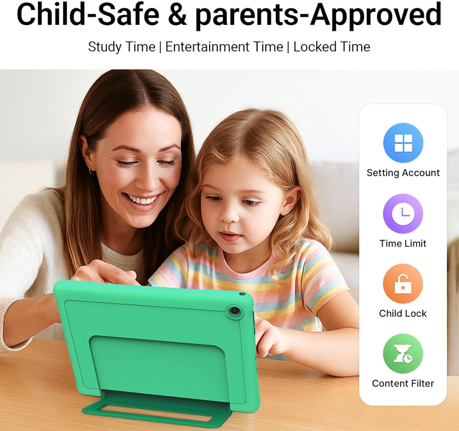 Kids Tablet, 10.1 Inch HD Android 15, 64GB Storage, 8GB RAM, Eye Protection Mode, 10-Hr Battery, Parental Shockproof Case - Tablet for Kids (Green)