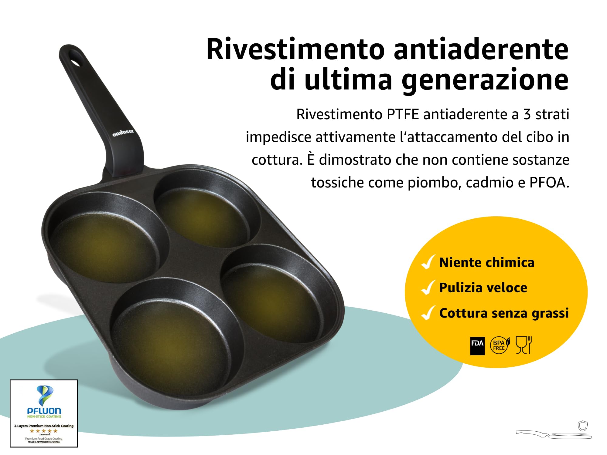 endusor Padella pancake e uova fritte - 21cm padella per pancake antiaderente con coperchio | Per Fornelli a Induzione Gas Ceramica Elettrici Alogeni| Piastra a 4 stampi per Pancakes Uova Fritte