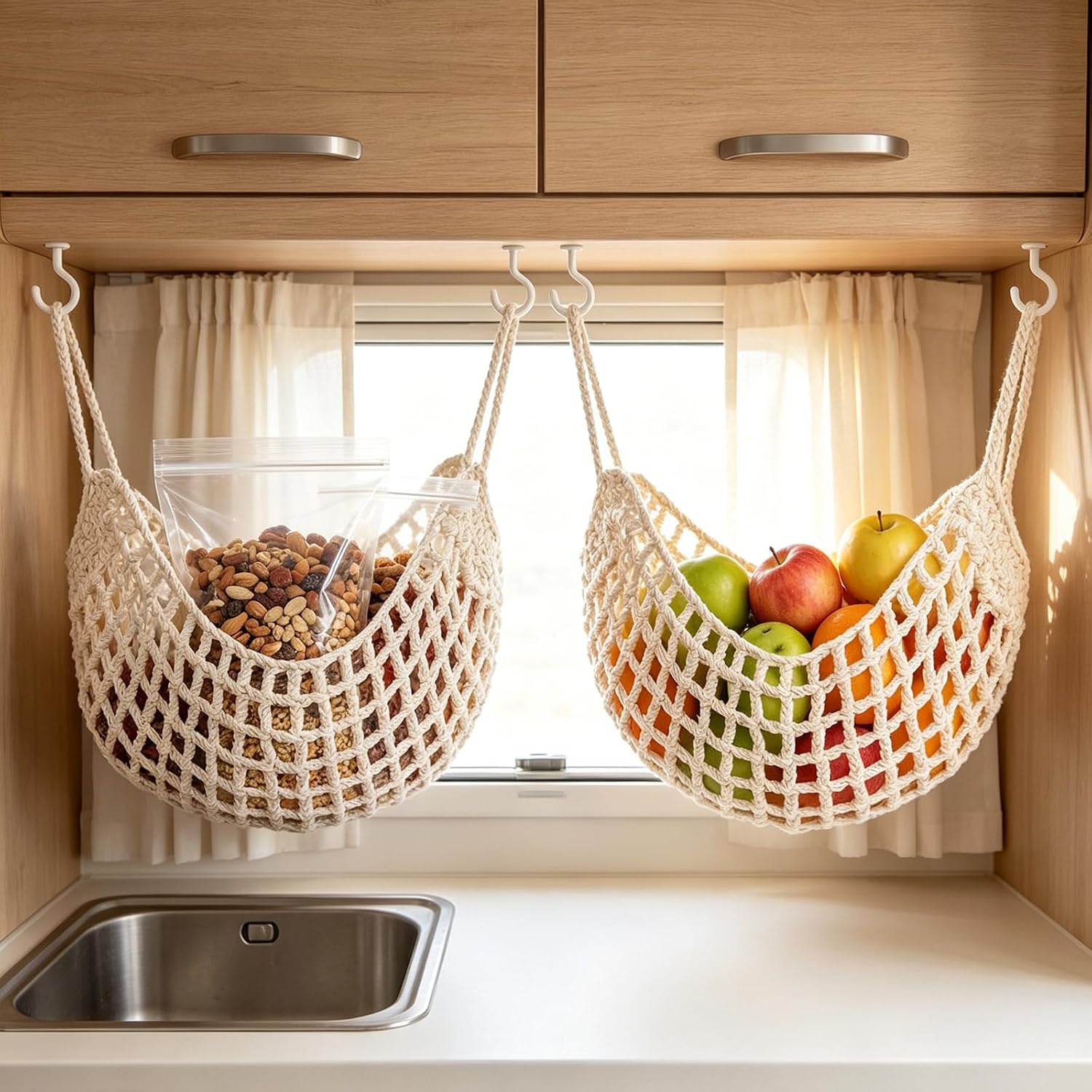 Macrame Hanging Fruit Hammock with Hooks Kitchen Pantry Storage Basket