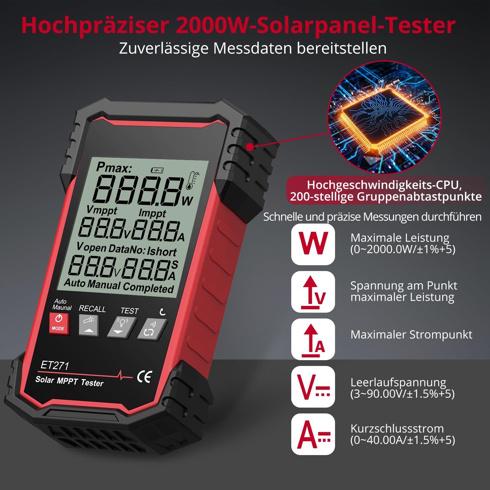XUNTOP Photovoltaik Solarpanel Tester 2000W MPPT Tester Photovoltaik Multimeter 士1.5% Mit LCD Display für Solar PV Anlage Solarmodul Tests