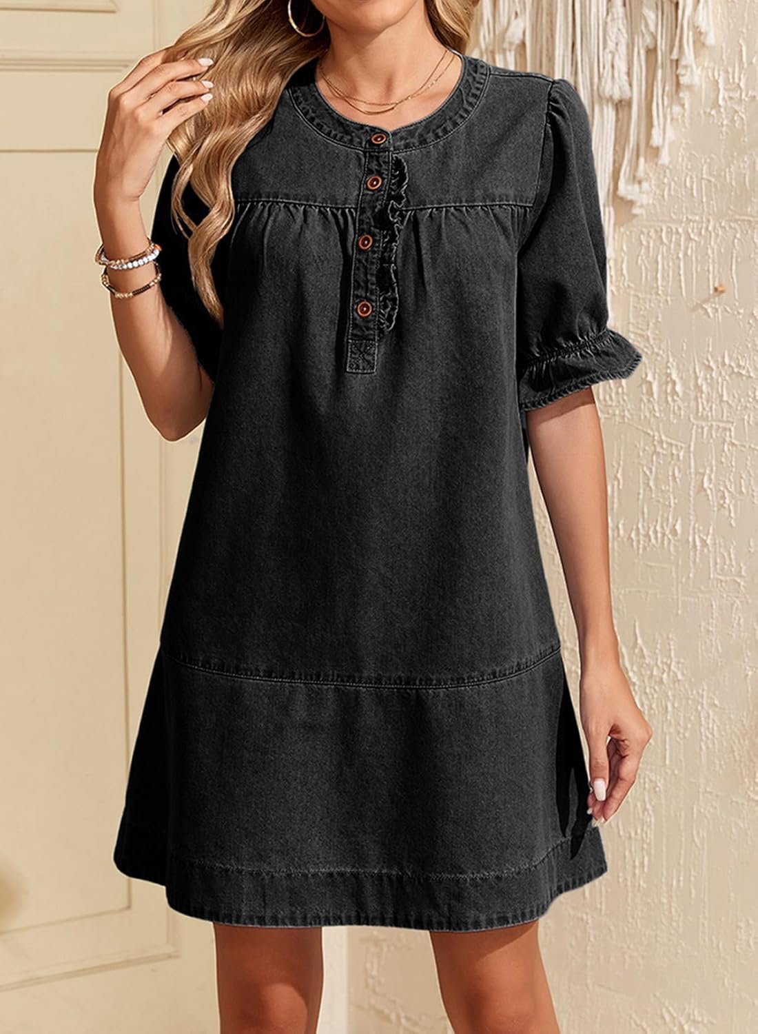 Dokotoo Women's Denim Dress 2026 Babydoll Dress Casual Ruffle Short Sleeve Button Jean Dresses - Image 5