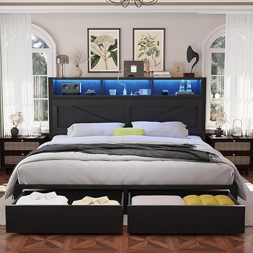 Miniatura 9 de Marco de cama Queen de granja con cabecero de estantería y cajones de almacenamiento, luces LED y estación de carga, no necesita somier, sin ruido,