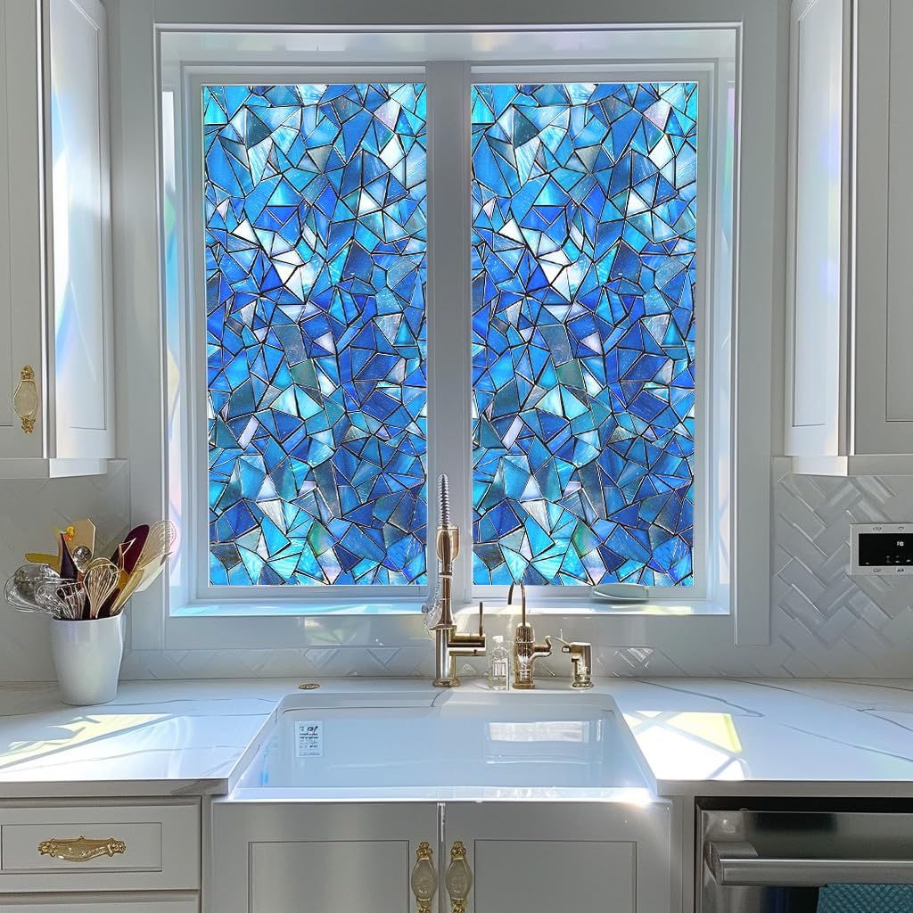 Decorative Window Film Privacy Window Film Window Cling Frosted Window Film 17.5 x 39.4 Inch Blue Geometric Stained Glass Pattern Window Covering for Bathroom Kitchen Bedroom Office Glass