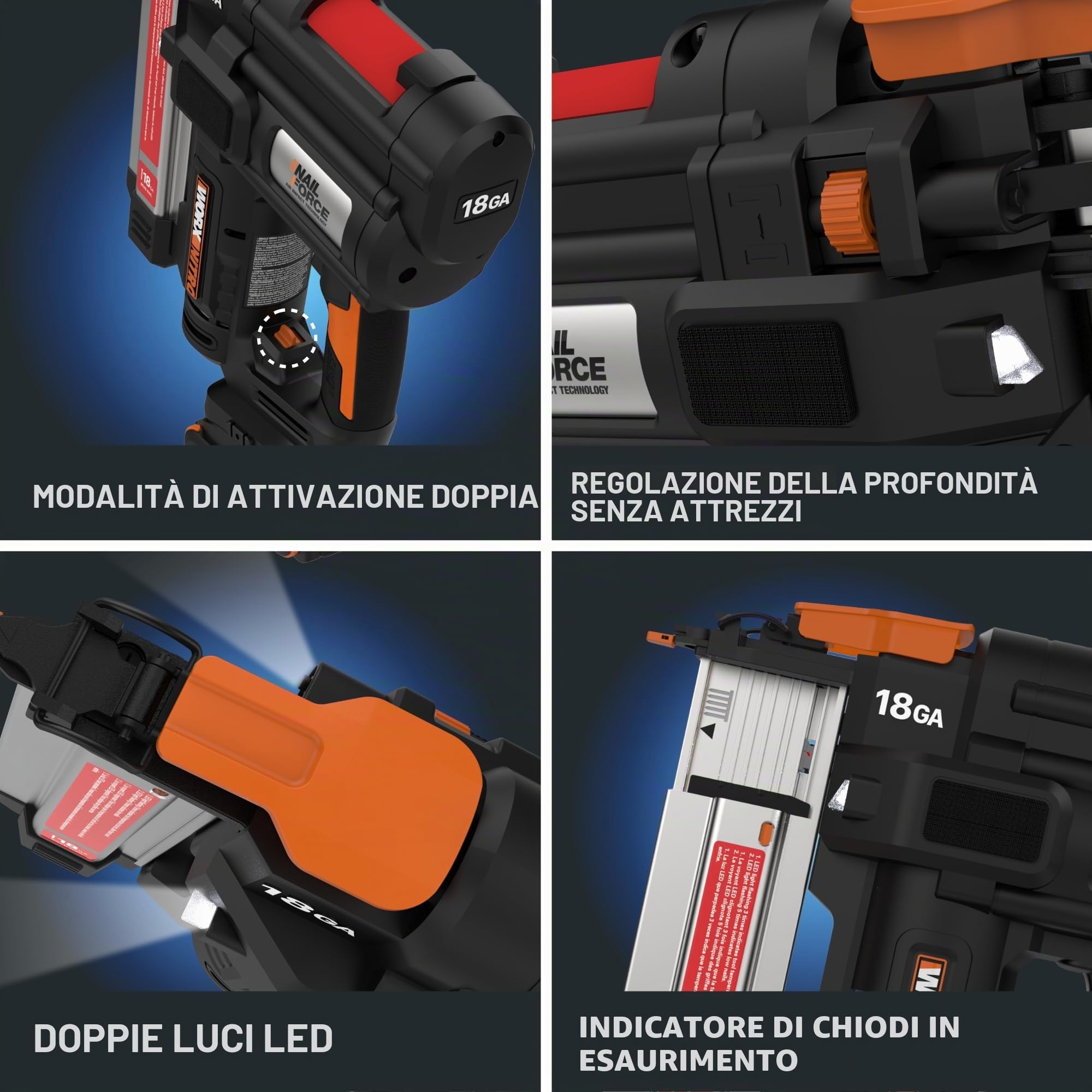 WORX NITRO WX842.9 Chiodatrice a batteria 20 V 18 GA – 80 chiodi/min – per chiodi da 15 – 50 mm – senza fili ad alta efficienza – risoluzione di inceppamento senza attrezzi
